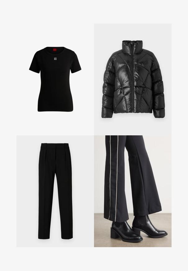 Crna zimska jakna sa visokim ovratnikom, zatvaranjem na patentni zatvarač i geometrijskim kvadratićem. Ima elastične uške na rubu i akcentski logo.; Crna majica kratkih rukava od mekanog pamuka, s okruglim izrezom i malim bijelim logom "HUGO" na prsima. Klasičan kroj.; Crne krojene hlače ravnog kroja, s plisiranim prednjim dijelom, poliranim materijalom i srednjim pojasom. Nema vidljivih džepova ili metalnih detalja.; Crne kožne gležnjače s blok petom, s elastičnim bočnim panelima. Uparene s crnim hlačama koje imaju bijelu bočnu prugu.