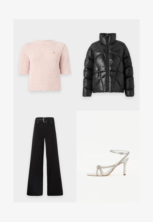 Juodas pūkinis džinsas su aukštu apykakle, užtrauktuku ir geometriniu siuvinėjimu. Savyje turi elastingas šnerves apatinėje dalyje ir logotipo akcentą.; Trumpas rožinis megztinis su apvaliu kaklo iškirpimu, trumpomis rankovėmis ir maža kišene su aukso logotipo detale.; Juodos plačios kojų kelnės, pagamintos iš medvilnės, su aukšta liemene, didelėmis šoninėmis kišenėmis ir diržu, papuoštu sidabriniais akcentais.; Baltos aukštakulnės šlepetės su tekstūruota dirželiu, puoštu krištolo akmenimis, atvira pirštų dalimi ir kulkšnies dirželiu su reguliuojama sagtimi.