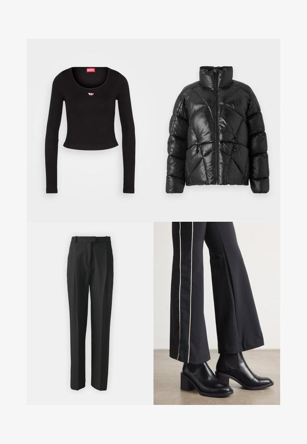 Fekete puffdzseki magas gallérral, cipzáras záródással és geometrikus tűzött mintával. Rugalmas húzózsinórokkal a szegélyen és logóval ellátott részlettel rendelkezik.; Fekete, hosszú ujjú crop top bordázott anyagból. Kerek nyakkivágással és egy kicsi piros-fehér logóval a mellrészen.; Fekete, testre szabott nadrág, könnyű anyagból készült, egyenes szabású, lapos elülső résszel és övhurkokkal. Simának tűnő textúra, látható minták nélkül.; Fekete bőr bokacsizma, tömbsarkúval, oldalán rugalmasszal ellátott panelek találhatók. Fekete nadrággal párosítva, amelynek fehér oldalsávja van.