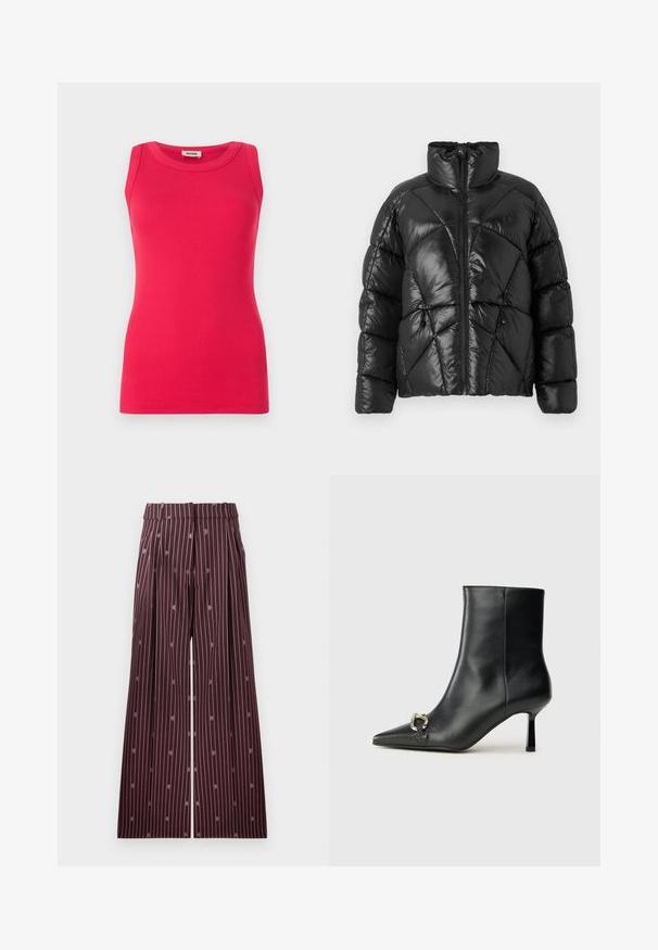 Sort pufferjakke med høj krave, lynlåslukning og geometrisk quiltet mønster. Har elastiske snore i kanten og et logo.; Fittet, ærmeløs top lavet af ribbet stof i klar pink. Har en rund halsudskæring og en glat tekstur med rene kanter.; Brede bukser i burgunder med vertikale hvide striber og diskrete broderede detaljer. Har plisseringer og en glat linning.; Sort læder ankelstøvle med spidse tæer, slank hæl i mellemhøjde og sølvspænde detaljer på siden mod en ensfarvet baggrund.