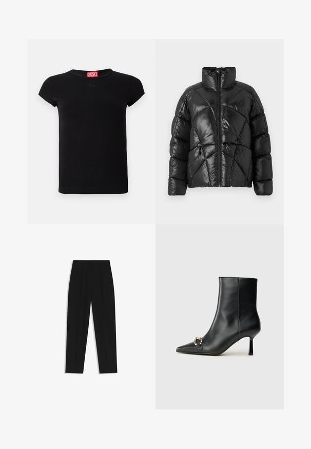 Black puffer jacket with a high collar, zip closure, and geometric quilted pattern. Features elastic drawstrings at the hem and a logo accent.; Black short-sleeve fitted t-shirt with round neckline and red Diesel logo tag inside the collar.; Black trousers with a straight fit, featuring double pleats, a smooth texture, and a classic waistband design. No visible hardware or accents.; Black leather ankle boot with pointed toe, slim mid-height heel, and silver buckle detail on side against plain background.