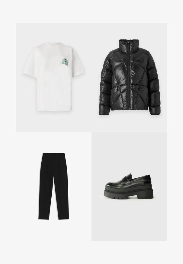 Black puffer jacket with a high collar, zip closure, and geometric quilted pattern. Features elastic drawstrings at the hem and a logo accent.; White cotton t-shirt with short sleeves and a round neckline. It features a green graphic print on the left chest.; Black trousers with a straight fit, featuring double pleats, a smooth texture, and a classic waistband design. No visible hardware or accents.; Black leather loafers with a chunky platform sole. Rounded toe, front seam detail, and subtle stitching accents. Flat, textured outsole.