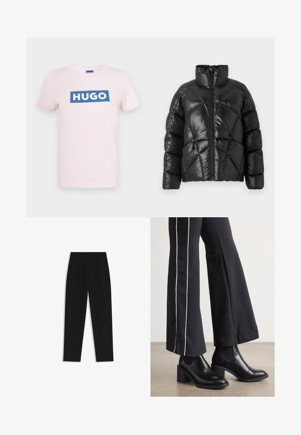 Czarna kurtka puchowa z wysokim kołnierzem, zapięciem na zamek błyskawiczny oraz geometrycznym wzorem pikowania. Posiada elastyczne sznurki u dołu i akcent z logo.; Jasnoróżowa bawełniana koszulka z niebieskim prostokątnym logo z napisem "HUGO" na białym tle. Klasyczny okrągły dekolt i krótkie rękawy.; Czarne spodnie o prostym kroju, z podwójnymi zakładkami, gładką teksturą i klasycznym krojem w talii. Bez widocznych elementów metalowych ani akcentów.; Czarne skórzane botki za kostkę na słupku, z elastycznymi panelami po bokach. Połączone z czarnymi spodniami z białym paskiem po boku.