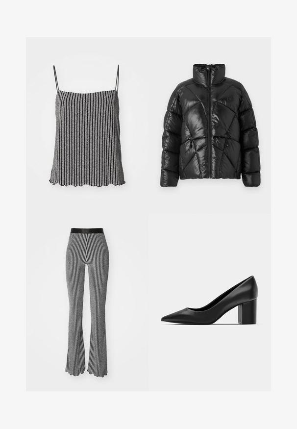 Jachetă puffer neagră cu guler înalt, închidere cu fermoar și model matlasat geometric. Include șnururi elastice la tiv și un accent cu logo.; Camisolă cu dungi negre și argintii, cu bretele subțiri ajustabile, având un material moale, texturat și un tiv decupat.; Pantaloni tricotati evazați în alb și negru, cu dungi verticale, talie ajustată și țesătură texturată cu un ușor luciu.; Cizmă din piele neagră, cu vârf ascuțit și toc pătrat masiv. Textură netedă, design simplu, potrivit pentru setări formale.