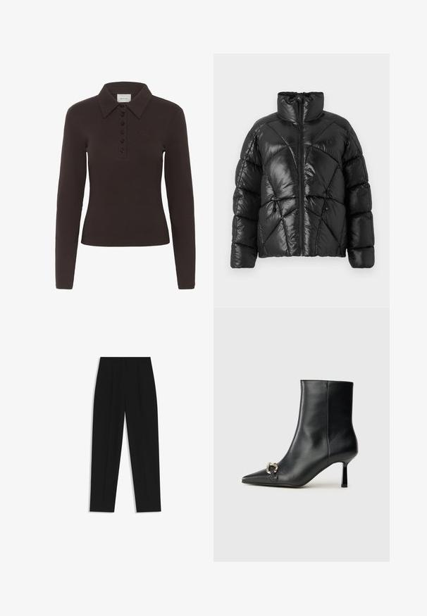 Sort pufferjakke med høj krave, lynlåslukning og geometrisk quiltet mønster. Har elastiske snore i kanten og et logo.; Mørkebrun langærmet polo shirt med seks sorte knapper og et lille broderet logo på venstre bryst.; Sorte bukser med lige pasform, der har dobbelte folder, en glat tekstur og et klassisk taljedesign. Ingen synlige hardware eller accenter.; Sort læder ankelstøvle med spidse tæer, slank hæl i mellemhøjde og sølvspænde detaljer på siden mod en ensfarvet baggrund.