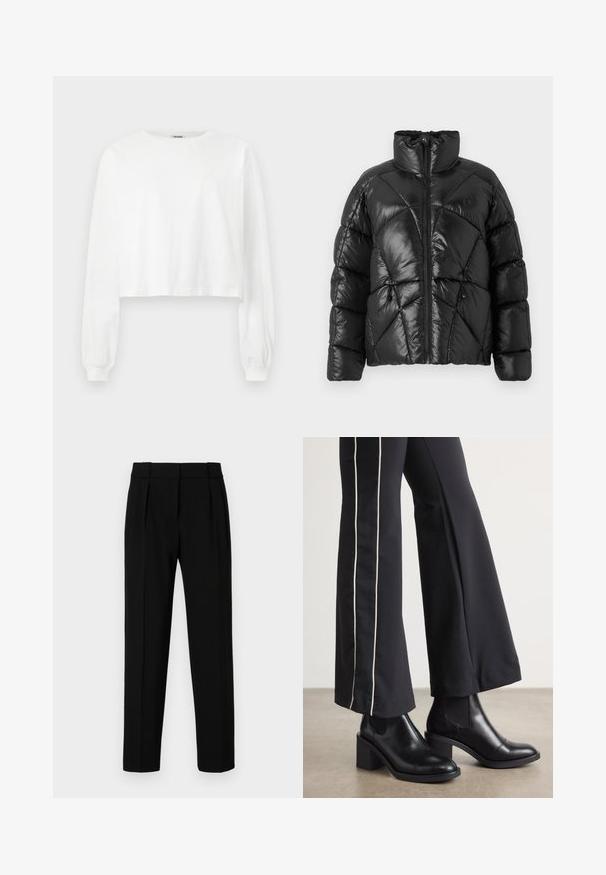 Doudoune noire avec col montant, fermeture éclair et motif matelassé géométrique. Comprend des cordons élastiques à l'ourlet et un accent de logo.; Sweat-shirt blanc court à manches longues. Fabriqué en coton doux, il présente un col rond et des poignets froncés. Texture lisse, design minimaliste.; Pantalons noirs ajustés avec une coupe droite, devant plissé, tissu brillant et taille moyenne. Pas de poches visibles ni de détails métalliques.; Bottines en cuir Noir avec un talon bloc, dotées de panneaux élastiques sur les côtés. Associées à un pantalon noir avec une rayure blanche sur le côté.