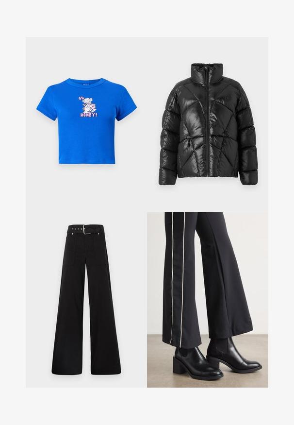 Must Black puffer jope kõrge kaelusega, lukuga kinnitamine ja geomeetriline tikandid. Omab elastseid nööre alumises servas ja logo aktsenti.; Sinine lühikese varrukaga t-särk, mis on valmistatud puuvillast. Esiküljel on kanda kandev karu graafika koos roosa tekstiga "OH HONEY!". Särgil on ümmargune kaelus.; Mustad laiad mustad püksid, mis on valmistatud puuvillast, kõrge vöökoha, suurte küljetaskute ja kumerate rihmadega, kus on hõbedased detailid.; Mustad nahast pahklu_bootid, millel on ploki konts ja elastsed külgpaneelid. Kombineeritud mustade pükstega, millel on valge küljeriba.