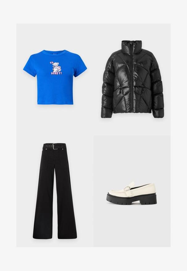 Svart boblejakke med høy krage, glidelås og geometrisk quiltet mønster. Har elastiske snorer i kanten og logo-detalj.; Blå kortermet t-skjorte laget av bomull, med et frontmotiv av en bjørn og teksten "OH HONEY!" i rosa. Korte ermer og rund hals.; Sorte vidde bukser laget av bomull, med høy midje, store sidelommer og belte med sølv detaljer.; Hvit skinnloafers med tykk svart plattformsåle, utstyrt med en rektangulær sølvspenne og synlige sømdetaljer på oversiden.
