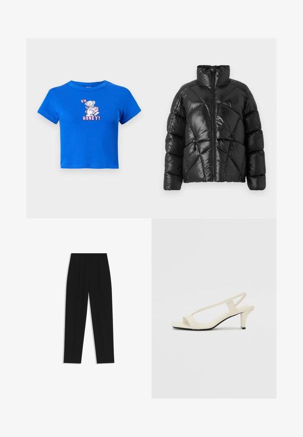 Zwarte pufferjas met hoge kraag, ritssluiting en geometrisch gestikt patroon. Voorzien van elastische sluittouwtjes aan de onderkant en een logo-accent.; Blauwe cropped t-shirt van katoen, met een voorzijde graphic van een beer en de tekst "OH HONEY!" in roze. Korte mouwen en ronde hals.; Zwarte broeken met een rechte pasvorm, voorzien van dubbele plooien, een zachte textuur en een klassiek taillebandontwerp. Geen zichtbare hardware of accenten.; Beige blockhak sandalen met dunne bandjes en een vierkante neus. Glad materiaal met minimale details, ontworpen voor eenvoudig dragen.