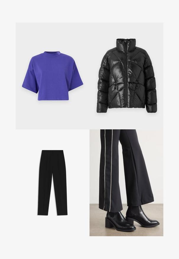 Black puffer jacket with a high collar, zip closure, and geometric quilted pattern. Features elastic drawstrings at the hem and a logo accent.; Purple cropped t-shirt made of cotton with a high neck and wide short sleeves. Features a logo on the collar area. Smooth texture.; Black trousers with a straight fit, featuring double pleats, a smooth texture, and a classic waistband design. No visible hardware or accents.; Black leather ankle boots with a block heel, featuring elastic side panels. Paired with black pants that have a white side stripe.