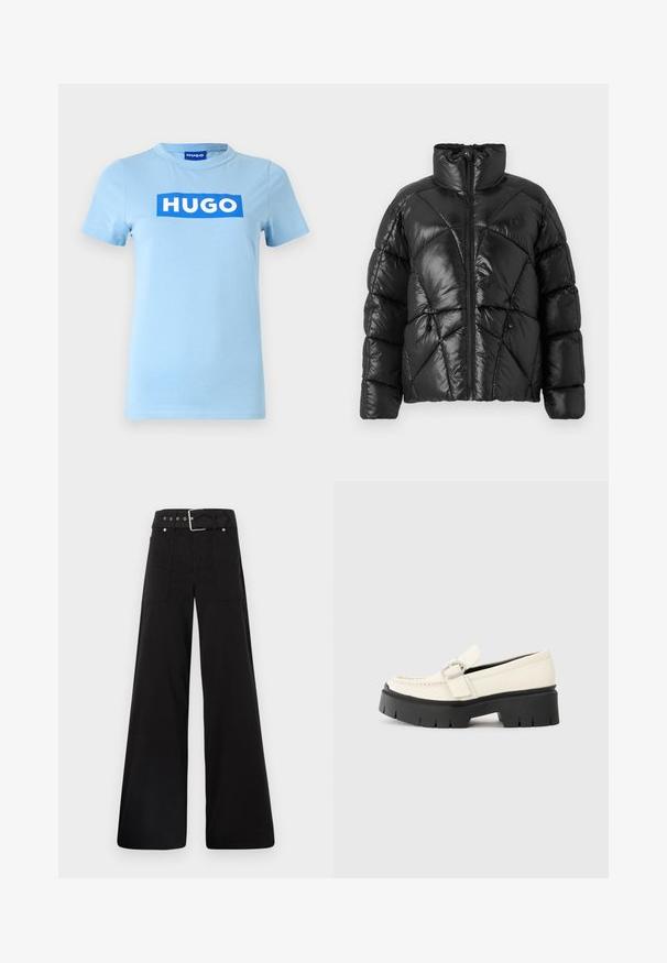 Juodas pūkinis džinsas su aukštu apykakle, užtrauktuku ir geometriniu siuvinėjimu. Savyje turi elastingas šnerves apatinėje dalyje ir logotipo akcentą.; Šviesiai mėlynas medvilninis marškinėliai trumpomis rankovėmis ir apvaliu iškirpimu, su dideliu mėlynu stačiakampiu logotipu, kuriame užrašyta "HUGO" balta spalva.; Juodos plačios kojų kelnės, pagamintos iš medvilnės, su aukšta liemene, didelėmis šoninėmis kišenėmis ir diržu, papuoštu sidabriniais akcentais.; Baltas odinis loaferis su storu juodu platforminiu padu, turintis stačiakampį sidabrinį sagtį ir matomu siuvimo ornamentu ant viršaus.
