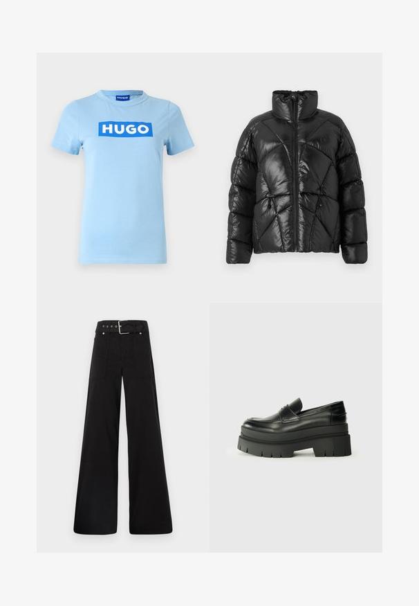 Schwarze Pufferjacke mit hohem Kragen, Reißverschluss und geometrischem Steppmuster. Mit elastischen Kordelzügen am Saum und einem Logoakzent.; Hellblaues Baumwoll-T-Shirt mit kurzen Ärmeln und rundem Ausschnitt, versehen mit einem großen blauen rechteckigen Logo, auf dem das Wort "HUGO" in Weiß steht.; Schwarze weitgeschnittene Hose aus Baumwolle, mit hoher Taille, großen Seitentaschen und einem taillierten Bund mit silbernen Hardware-Akzenten.; Schwarze Lederloafer mit einer klobigen Plateausohle. Abgerundete Spitze, Nahtdetail auf der Vorderseite und dezente Nähte. Flache, strukturierte Außensohle.