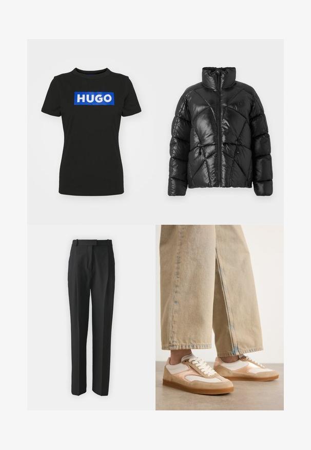 Zwarte pufferjas met hoge kraag, ritssluiting en geometrisch gestikt patroon. Voorzien van elastische sluittouwtjes aan de onderkant en een logo-accent.; Zwarte t-shirt met korte mouwen van katoen, met een grote blauwe rechthoekige grafiek waarop het woord "HUGO" in witte vette letters staat.; Zwarte op maat gemaakte broek gemaakt van lichtgewicht stof, met een rechte snit, platte voorkant en riemlussen. Glad textuur zonder zichtbare patronen.; Tan en crèmekleurige sneakers met een ontwerp van suede en mesh, voorzien van vetersluiting en rubberen zolen, gecombineerd met tan wijde jeans.