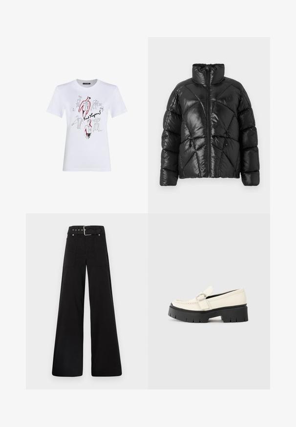 Black puffer jacket with a high collar, zip closure, and geometric quilted pattern. Features elastic drawstrings at the hem and a logo accent.; White cotton t-shirt featuring black and red artistic sketches of garments and figures, with handwritten notes and signatures.; Black wide-leg trousers made from cotton, featuring a high waist, large side pockets, and a belted waist with silver hardware accents.; White leather loafer with a chunky black platform sole, featuring a rectangular silver buckle and visible stitching detail on the upper.