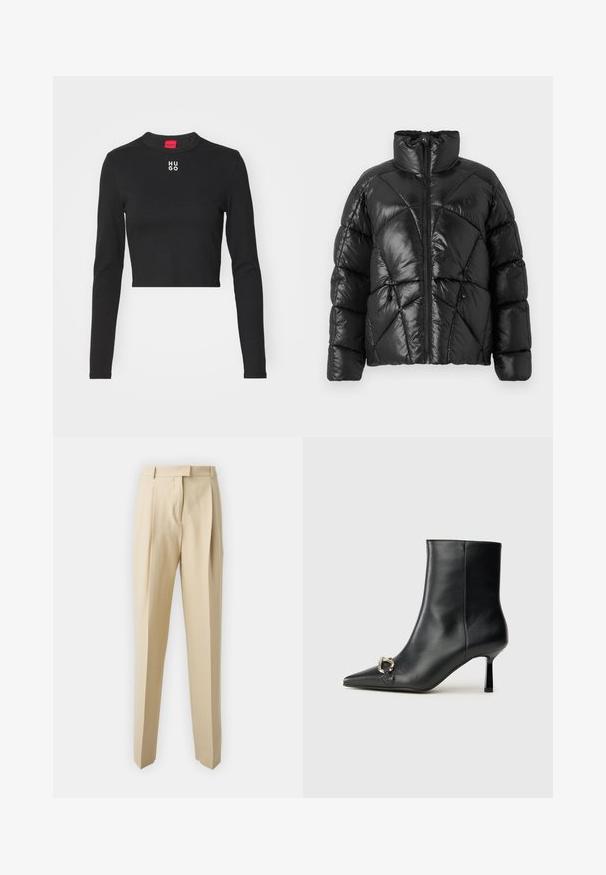 Crna zimska jakna sa visokim ovratnikom, zatvaranjem na patentni zatvarač i geometrijskim kvadratićem. Ima elastične uške na rubu i akcentski logo.; Crni kratki gornji dio dugih rukava napravljen od glatkog materijala, s okruglim izrezom i bijelim "HUGO" logotipom na sredini prsnog koša.; Bež hlače prilagođenog kroja s ravnim rezom, s nabranim detaljima, pojasom i glatkom teksturom. Nema vidljivih džepova ili ukrasnih elemenata.; Crne kožne gležnjače s nazupčanim prstom, uskim srednje visokim potpeticama i detaljem srebrne kopče sa strane na jedinstvenoj pozadini.