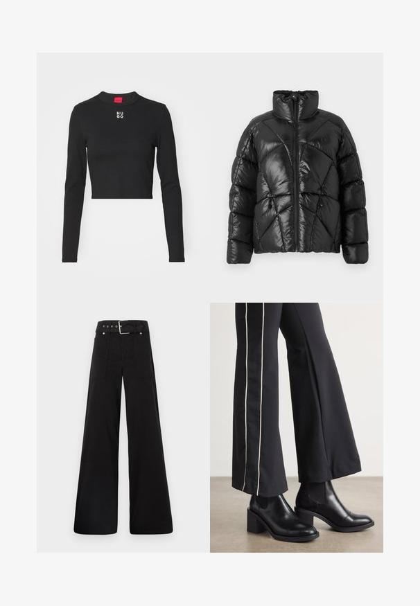 Juodas pūkinis džinsas su aukštu apykakle, užtrauktuku ir geometriniu siuvinėjimu. Savyje turi elastingas šnerves apatinėje dalyje ir logotipo akcentą.; Juodas ilgomis rankovėmis trumpas švarkas, pagamintas iš lygaus audinio, su apvaliu kaklu ir baltu "HUGO" logotipu krūtinės centre.; Juodos plačios kojų kelnės, pagamintos iš medvilnės, su aukšta liemene, didelėmis šoninėmis kišenėmis ir diržu, papuoštu sidabriniais akcentais.; Juodi odiniai auliniai batai su plataus bloko kulnu, turintys elastines šonines dalis. Sukomplektuoti su juodomis kelnėmis, turinčiomis baltą šoninės juostą.