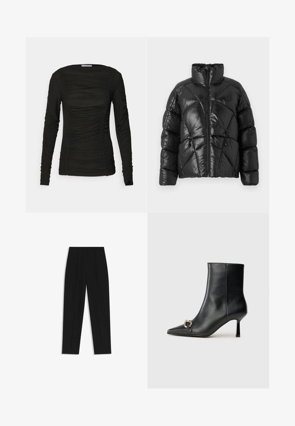 Sort pufferjakke med høj krave, lynlåslukning og geometrisk quiltet mønster. Har elastiske snore i kanten og et logo.; Sort langærmet top lavet af blødt materiale med en detaljeret samling langs fronten og ærmerne, der har en rund halsudskæring og tætsiddende design.; Sorte bukser med lige pasform, der har dobbelte folder, en glat tekstur og et klassisk taljedesign. Ingen synlige hardware eller accenter.; Sort læder ankelstøvle med spidse tæer, slank hæl i mellemhøjde og sølvspænde detaljer på siden mod en ensfarvet baggrund.