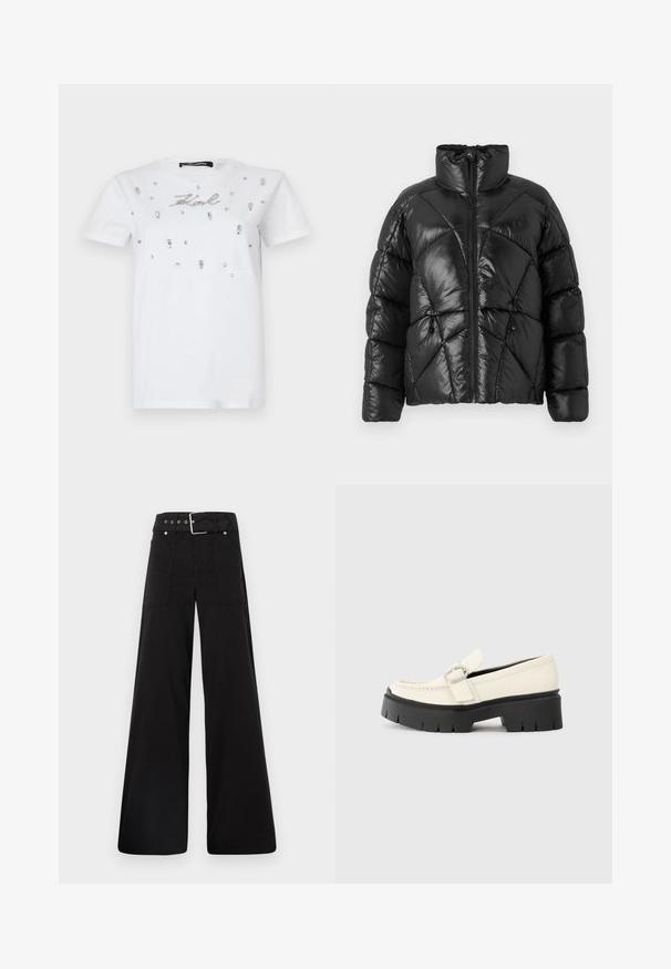 Juodas pūkinis džinsas su aukštu apykakle, užtrauktuku ir geometriniu siuvinėjimu. Savyje turi elastingas šnerves apatinėje dalyje ir logotipo akcentą.; Balta trumpa rankovėmis marškinėliai, papuošti išsibarstę deimantai ir deimanto akcentas su žodžiu "Karl" centre. Klasikinis apvalus iškirpimas.; Juodos plačios kojų kelnės, pagamintos iš medvilnės, su aukšta liemene, didelėmis šoninėmis kišenėmis ir diržu, papuoštu sidabriniais akcentais.; Baltas odinis loaferis su storu juodu platforminiu padu, turintis stačiakampį sidabrinį sagtį ir matomu siuvimo ornamentu ant viršaus.