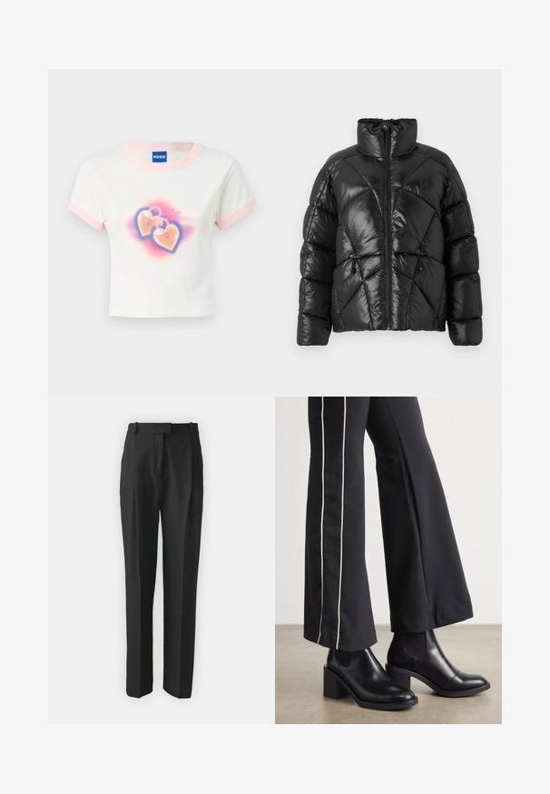 Melnā pūkaino jakā ar augstu apkakli, ar rāvējslēdzēja aizdari un ģeometrisku kviltotu rakstu. Funkcijas iekšējie elastīgie auklas pie zemes malas un logo akcents.; Biezu kokvilnas T-krekls ar gaiši rozā apdari. Tam ir grafika ar diviem sirds formas atslēdzniekiem uz krāsaina gradienta fona.; Melnas pielāgotas bikses, izgatavotas no viegla auduma, ar taisnu griezumu, plakanu fronti un jostām. Gluda tekstūra bez redzamām rakstām.; Melnas ādas potīšu zābaki ar blokveida papēdi, aprīkoti ar elastīgām sānu paneļiem. Kombinēti ar melniem biksēm, kuru sānos ir baltas svītras.
