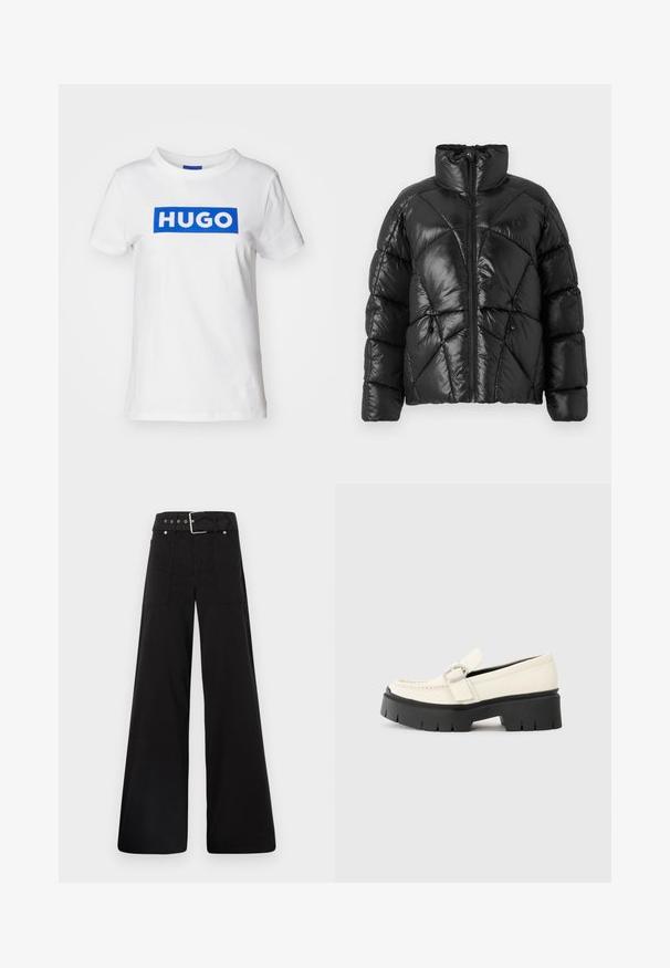 Doudoune noire avec col montant, fermeture éclair et motif matelassé géométrique. Comprend des cordons élastiques à l'ourlet et un accent de logo.; T-shirt en coton blanc avec un logo rectangulaire bleu "HUGO" imprimé sur la poitrine. Encolure classique et manches courtes.; Pantalons larges noirs en coton, avec une taille haute, de grandes poches latérales et une taille ceinturée avec des accents en métal argenté.; Loafer en cuir blanc avec une semelle plateforme noire épaisse, présentant une boucle rectangulaire en argent et des détails de couture visibles sur la tige.