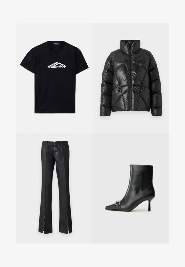 Doudoune noire avec col montant, fermeture éclair et motif matelassé géométrique. Comprend des cordons élastiques à l'ourlet et un accent de logo.; T-shirt en coton noir à manches courtes et col rond. Présente un logo graphique blanc "DSQUARED2 CDN" à l'avant.; Pantalons évasés noirs avec une finition brillante, comportant deux poches avant et des fentes près de l'ourlet, fabriqués en tissu durable.; Bottine en cuir noir avec un bout pointu, un talon moyen fin et un détail de boucle en argent sur le côté, se détachant sur un fond uni.