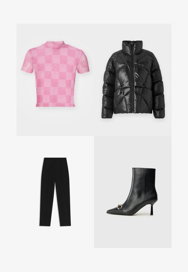 Chaqueta de plumón negra con un alto cuello, cierre de cremallera y patrón de acolchado geométrico. Presenta cordones elásticos en el dobladillo y un acento con el logo.; Top corto de manga corta en color rosa con un patrón a cuadros y un sutil logo de carita sonriente, hecho de una tela ligera y semitransparente.; Pantalones negros de corte recto, con doble pinza, textura suave y un diseño de cinturilla clásica. Sin hardware o acentos visibles.; Botín negro de cuero hasta el tobillo con punta afilada, tacón delgado de altura media y detalle de hebilla plateada en el lateral, sobre un fondo liso.