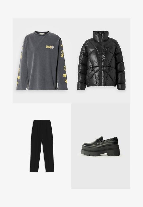Black puffer jacket with a high collar, zip closure, and geometric quilted pattern. Features elastic drawstrings at the hem and a logo accent.; Gray long-sleeve shirt with a round neck, featuring yellow heart patterns along the sleeves and a small printed logo on the front.; Black trousers with a straight fit, featuring double pleats, a smooth texture, and a classic waistband design. No visible hardware or accents.; Black leather loafers with a chunky platform sole. Rounded toe, front seam detail, and subtle stitching accents. Flat, textured outsole.