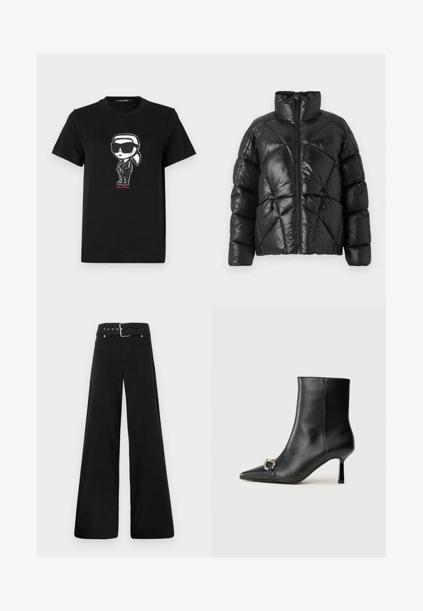 Black puffer jacket with a high collar, zip closure, and geometric quilted pattern. Features elastic drawstrings at the hem and a logo accent.; Black cotton t-shirt featuring a graphic of a figure in sunglasses and suit. Simple crew neck design with short sleeves. Red text below.; Black wide-leg trousers made from cotton, featuring a high waist, large side pockets, and a belted waist with silver hardware accents.; Black leather ankle boot with pointed toe, slim mid-height heel, and silver buckle detail on side against plain background.