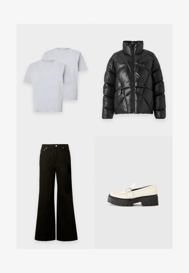 Casaco puffer preto com colarinho alto, fecho de correr e padrão geométrico acolchoado. Apresenta cordões elásticos na bainha e um detalhe com logótipo.; Duas t-shirts de mangas curtas em cinza claro, feitas de tecido suave, com um decote redondo e um corte relaxado. Cada camisa tem um detalhamento minimalista.; Calças de ganga pretas de cintura alta e perna larga, com botão e fecho éclair frontal, passadores para cinto e cinco bolsos, incluindo um pequeno bolso para moedas.; Mocassim de couro branco com sola plataforma preta robusta, apresentando uma fivela retangular prateada e detalhes de costura visíveis na parte superior.