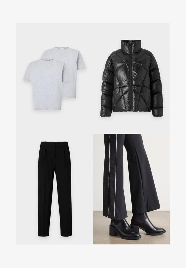 Mustalla puffer-takilla, jossa on korkea kaulus, vetoketjusuljenta ja geometrinen tikattu kuosi. Ominaisuuksiin kuuluvat elastiset narut helmassa ja logotyyli.; Kaksi lyhythihaista t-paitaa vaaleanharmaana, pehmeästä kankaasta valmistettuina, joissa on pyöreä pääntie ja rento malli. Jokaisessa paidassa on minimaalinen yksityiskohtaisuus.; Mustat räätälöidyt housut suoran istuvuuden kanssa, laskostettu etuosa, kiiltävä kangas ja keskikokoinen vyötärö. Ei näkyviä taskuja tai metalliosia.; Mustat nahkasaappaat nilkkapituisilla, lohkareella, joissa on joustavat sivupaneelit. Yhdistetty mustiin housuihin, joissa on valkoinen sivuraita.
