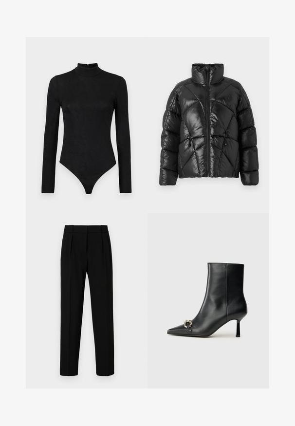 Black puffer jacket with a high collar, zip closure, and geometric quilted pattern. Features elastic drawstrings at the hem and a logo accent.; Black long-sleeve bodysuit with a high neck and subtle texture. Features a back zipper and a thong bottom design.; Black tailored trousers with a straight fit, pleated front, polished fabric, and a medium waistband. No visible pockets or hardware details.; Black leather ankle boot with pointed toe, slim mid-height heel, and silver buckle detail on side against plain background.