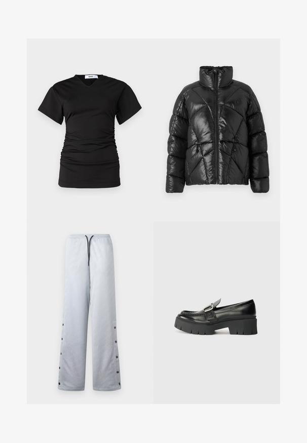 Mustalla puffer-takilla, jossa on korkea kaulus, vetoketjusuljenta ja geometrinen tikattu kuosi. Ominaisuuksiin kuuluvat elastiset narut helmassa ja logotyyli.; DAY Birger et Mikkelsen BRAXTON MODERN - T-paita - black; Harmaat urheilushortsit, joissa on kiiltävä pinta, elastinen vyötärönauha, musta nauha ja nepparit sivusaumoissa.; Mustat nahka loafersit, joissa on paksu kumipohja. Varustettu solkiyksityiskohdalla ja yläsivun ompeluyksityiskohdalla. Tasakorko.