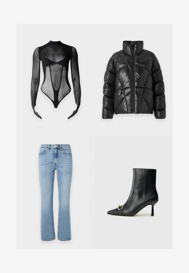 Černá péřová bunda se vysokým límcem, zipovým zapínáním a geometrickým prošíváním. Obsahuje elastické šňůrky na spodním okraji a akcent s logem.; GCDS SEAMLESS LONG SLEEVES BODY - Top s dlouhým rukávem - nero; Světle modré denimmové kalhoty s rozšířeným střihem, vysokým pasem, pěti kapsami a zlatými detaily. Mají vybledlý vzhled a šité detaily.; Černá kožená kotníková bota s špičatou špičkou, úzkým středně vysokým podpatkem a stříbrnou sponou na straně, na jednobarevném pozadí.