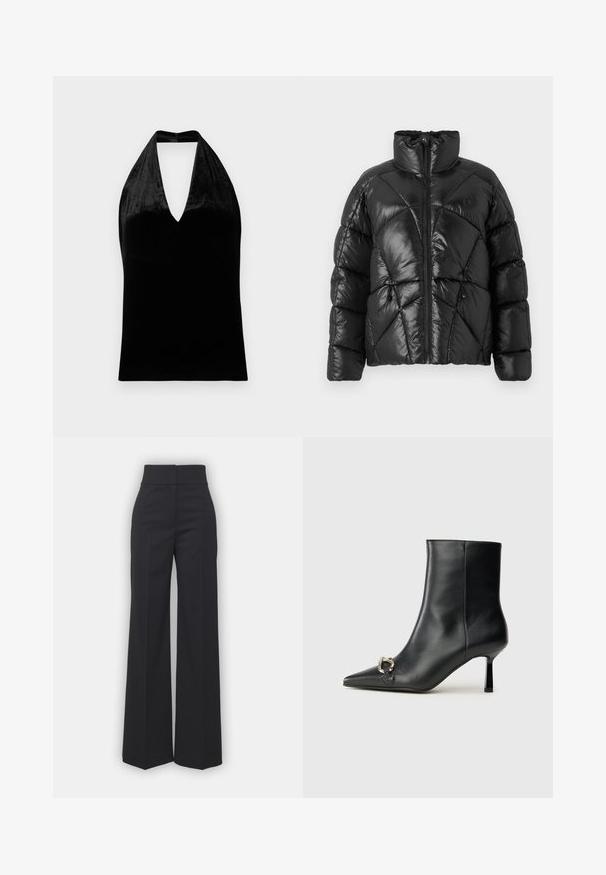 Schwarze Pufferjacke mit hohem Kragen, Reißverschluss und geometrischem Steppmuster. Mit elastischen Kordelzügen am Saum und einem Logoakzent.; Schwarzes Samt-Haltertop mit tiefem V-Ausschnitt und breiten Trägern, ärmellos mit einer glatten, weichen Textur.; Weite Hosen aus schwarzem Stoff mit hohem Bund, die eine saubere Verarbeitung und glatte Textur aufweisen. Keine sichtbaren Beschläge oder Muster.; Schwarze Leder-Stiefelette mit spitzer Zehe, schlankem, mittelhohem Absatz und silberner Schnalle seitlich vor einem schlichten Hintergrund.