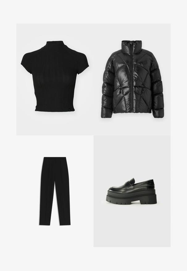 Schwarze Pufferjacke mit hohem Kragen, Reißverschluss und geometrischem Steppmuster. Mit elastischen Kordelzügen am Saum und einem Logoakzent.; Schwarzes Cropped-Top aus geripptem Strickstoff, mit einem hohen Kragen, kurzen angeschnittenen Ärmeln und einem kleinen Markenetikett an der unteren linken Seite.; Schwarze Hose mit geradem Schnitt, doppelten Falten, einer glatten Textur und einem klassischen Bunddesign. Keine sichtbaren Beschläge oder Akzente.; Schwarze Lederloafer mit einer klobigen Plateausohle. Abgerundete Spitze, Nahtdetail auf der Vorderseite und dezente Nähte. Flache, strukturierte Außensohle.