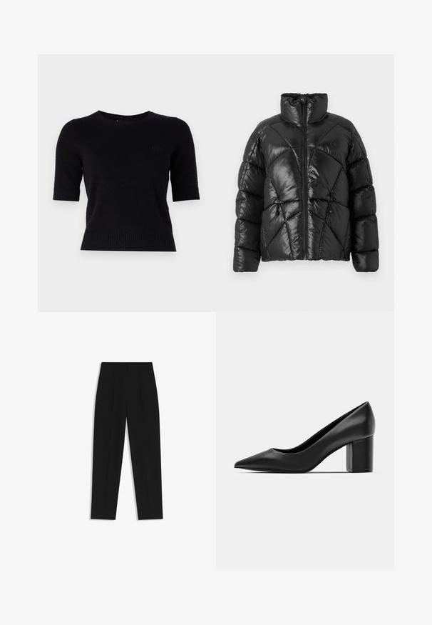 Mustalla puffer-takilla, jossa on korkea kaulus, vetoketjusuljenta ja geometrinen tikattu kuosi. Ominaisuuksiin kuuluvat elastiset narut helmassa ja logotyyli.; Mustat lyhyet hihaiset neuleet, jotka on valmistettu pehmeästä kankaasta. Pyöreä pääntie ja ribbaa hihansuissa ja helmassa. Huomaamaton logo edessä.; Mustat housut suoran istuvuuden kanssa, joissa on kaksinkertaiset laskokset, sileä pinta ja klassinen vyötärönauhan muotoilu. Ei näkyviä metalliosia tai koristeita.; Musta nahkakengät, joissa on teräväkärkinen muoto ja paksu neliöklippu. Sujuva pinta, yksinkertainen muotoilu, sopii virallisiin tilaisuuksiin.