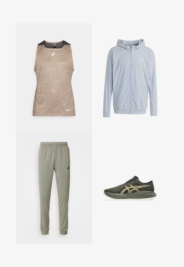 Jasnoszara kurtka zapinana na zamek z kapturem, z neonowymi zielonymi akcentami, panelami z siateczki oraz elastycznymi mankietami i dół.; Beżowy bezrękawnik sportowy z teksturowanym wzorem, z czarnymi siateczkowymi detalami przy szyi i ramionach oraz małym logo na przodzie.; Jasnozielone spodnie sportowe z elastycznym pasem, zwężanymi nogawkami i czarnym logo. Wykonane z gładkiego, oddychającego materiału.; Ciemnozielony but do biegania z amortyzowaną podeszwą, czarnymi sznurówkami oraz białymi i pomarańczowymi detalami po bokach, pokazany z profilu na białym tle.