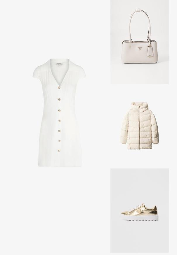 Cremfarbener Daunenjacke mit Kapuze, mit einem Reißverschluss und gestepptem Design. Weicher Textur mit breiten horizontalen Bahnen und fallenden Schultern.; Weißes kurzes Kleid mit Kragen, vertikaler gerippter Textur, kurzen Ärmeln und goldenen Knopfverschluss auf der Vorderseite. Glatte Stoffoberfläche.; Goldfarbene, metallische Low-Top-Sneaker mit weißen Schnürsenkeln und dicker, strukturierter, weißer Sohle, die ein dreieckiges Guess-Logo an der Seite aufweisen.; Beige Handtasche aus Kunstleder mit glatter Textur, doppelten Schulterriemen, goldenen Beschlägen, Logo-Plakette und einem angehängten Etikett.