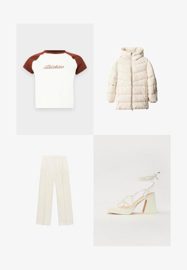 Cremefarvet pufferjakke med hætte, der har lynlåslukning og quiltet design. Blød struktur med brede horisontale paneler og sænkede skuldre.; T-shirt med korte ærmer med hvid krop og brune raglanærmer. Har "Dickies" i stiliseret syning på tværs af brystet. Glat tekstur.; Bredbenede bukser i en lys cremefarve. Fremstillet af et glat stof med plisseringer foran og sidelommer.; Hvide højhælede sandaler med en kraftig hæl, der har et stropdesign og ankelbinding. Glat tekstur med en platform foran for ekstra højde.