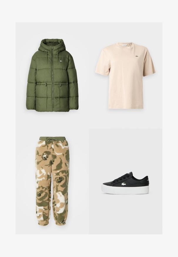 Olivengrøn pufferjakke med hætte, der har en frontlynlås, justerbare snore og et struktureret stof med vandret syninger.; Beige bomuld T-shirt med rund hals, korte ærmer og et lille grønt broderet krokodillelogo på venstre bryst.; Fleece joggerbukser med snor i taljen. Har et camouflage-mønster i beige, grøn og hvid. Blødt, struktureret materiale.; Sort lavtop sneaker lavet af syntetisk materiale, med en hvid gummisål, sorte snørebånd og et lille hvidt logo på siden.