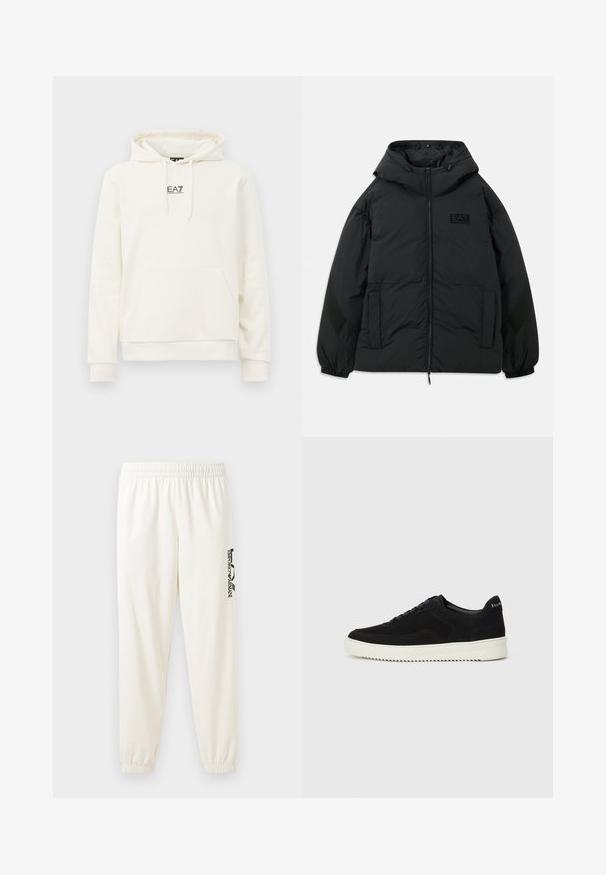 Crna podstavljena jakna s kapuljačom, prednjim zipom, bočnim džepovima, elastičnim manžetama i teksturiranim panelom na rukavima. Sadrži utisnuti logo.; Hoodie boje kreme s prednjim džepom, kapuljačom na vezanje i malim crnim logom "EA7 Emporio Armani" na sredini grudi.; Svijetlosmeđi trenirka hlače s elastičnim pojasom i elastičnim manžetama. Sadrži crni ispisani logo na lijevoj nozi. Mekana tekstura tkanine.; Crne nubuk tenisice s vezanjem i kontrastnom bijelom gumenom potplatom. Imaju teksturirane bočne panele i suptilno brendiranje na peti.