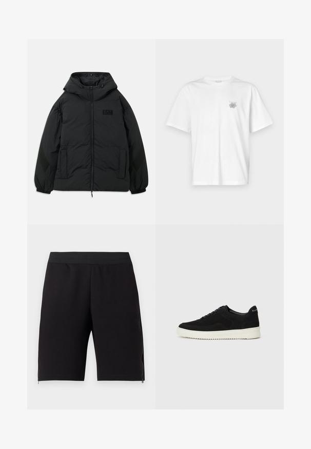Svart polstret jakke med hette, glidelås foran, sidelommer, elastiske mansjetter og teksturert panel på ermene. Har et preget logo.; Hvit T-skjorte laget av bomull, med korte ermer, rund hals og en liten grå logo på venstre brystområde. Smooth tekstur.; Sorte idrettsshorts laget av mykt stoff, med en tettsittende elastisk midjebånd og glidelåser på sidene for økt funksjonalitet.; Svart semsket sneakers med snøring og kontrasterende hvit gummisåle. Har teksturerte sidepaneler og subtil merkevare på hælen.