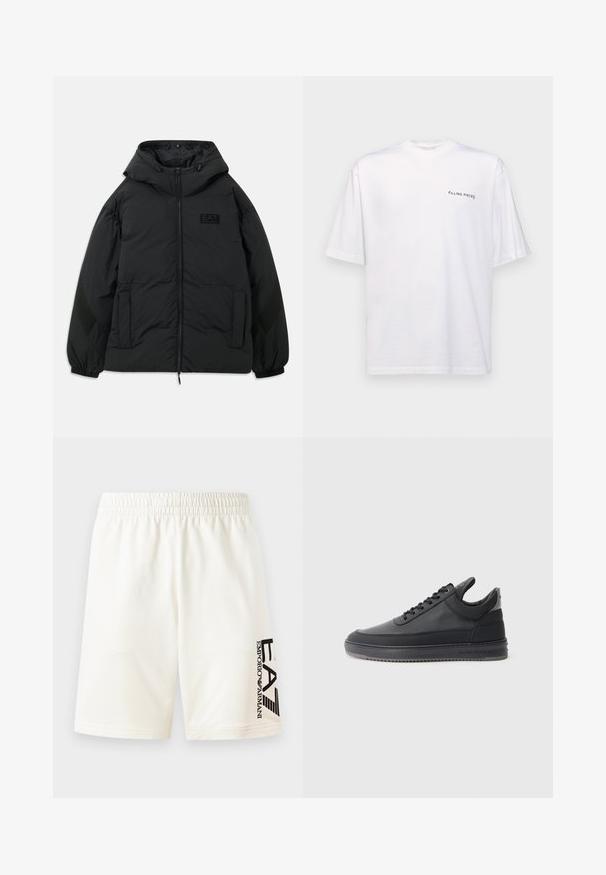 Melnā polsterētā jaka ar kapuci, ar rāvējslēdzēju priekšpusē, sānu kabatām, elastīgām piedurknēm un teksturētu paneļu uz piedurknēm. Iezīmēta ar reljefa logo.; Baltas īsām piedurknēm T-kreklis no kokvilnas ar V veida kakla izgriezumu, uz kura kreisajā pusē ir melns "FILLING PIECES" logo.; Baltas kokvilnas šorts ar elastīgu jostu, uz kuru kreisajā pusē ir melns logo. Taisna griezuma, bez redzamajiem rakstiem.; Melnas ādas sporta kurpes ar teksturētu virsmu, ar saistēm, zema augstuma un pelēku gumijas zoli ar rievojumu malu.
