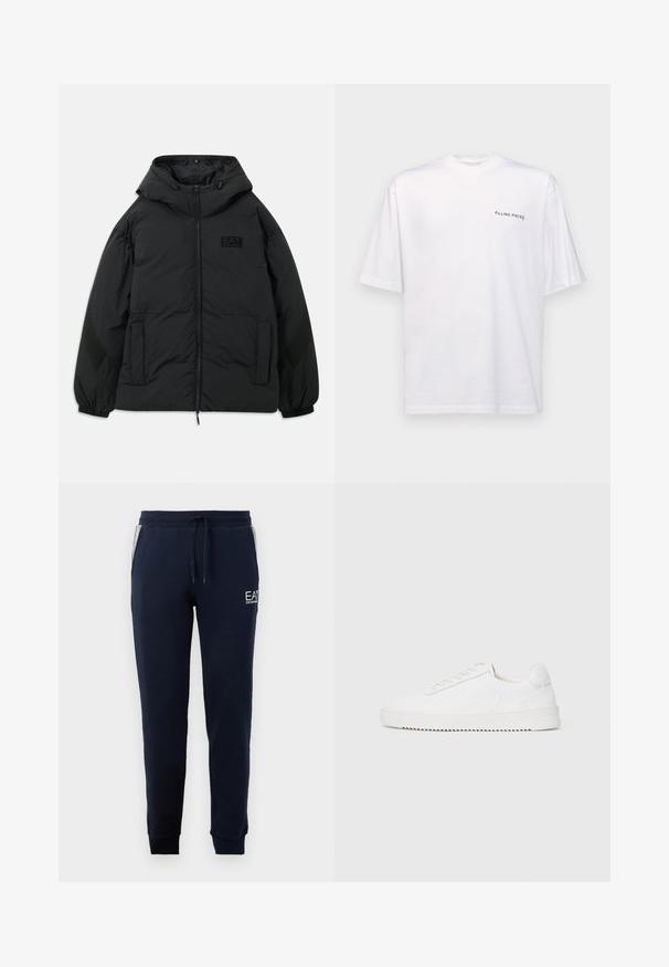 Crna podstavljena jakna s kapuljačom, prednjim zipom, bočnim džepovima, elastičnim manžetama i teksturiranim panelom na rukavima. Sadrži utisnuti logo.; Bijela kratka majica s kratkim rukavima od pamuka s V-izrezom, koja na lijevoj strani ima otisnuti crni logotip "FILLING PIECES".; Tamno plave trenirke od mekog materijala, sa pojasom na vezanje i bočnim prugama, sa malim logom na lijevom bedru.; Bijela tenisica s glatkim kožnim gornjim dijelom, okruglim vrhom, vezicama, teksturiranim bočnim detaljima i debelim gumeni potplat. Minimalistički dizajn.