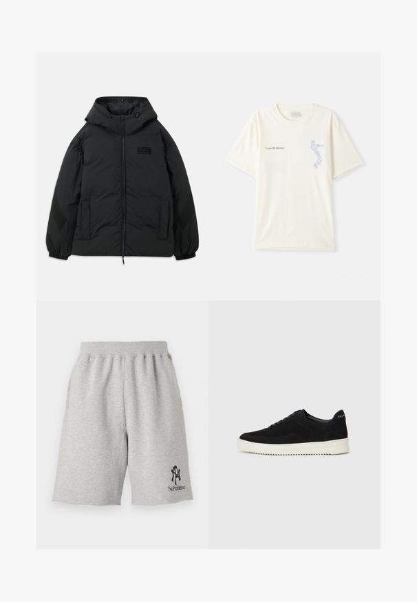 Black padded jacket with a hood, zip front, side pockets, elastic cuffs, and a textured panel on the sleeves. Features an embossed logo.; White cotton t-shirt with short sleeves, featuring “United By Rhythm” text in black and blue graphic on the chest. Round neck design.; Gray cotton shorts with an elastic waistband, featuring a black logo that reads "No Problemo" on the lower left side and raw edges.; Black suede sneaker with lace-up design and contrasting white rubber sole. Features textured side panels and subtle branding on the heel.