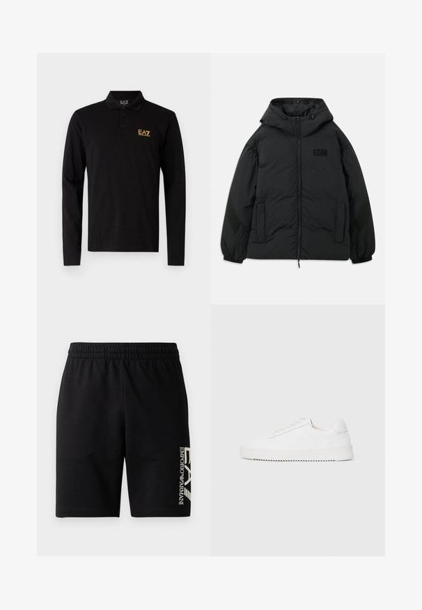 Fekete párnázott dzseki kapucnival, elöl cipzárral, oldalzsebekkel, rugalmas mandzsettákkal, és textúrázott panellel az ujjakon. Az anyagon dombornyomott logó található.; Fekete, hosszú ujjú pólóing, tiszta pamutból készült, három gombos kivágással és kontrasztos sárga hímzett logóval a mellkason.; EA7 Emporio Armani TRAIN VISIBILITY - Rövidnadrágok - black/cream; Fehér sneaker sima bőr felsőrésszel, lekerekített orral, fűzőkkel, texturált oldalsó díszítésekkel és vastag gumitalppal. Minimalista dizájn.