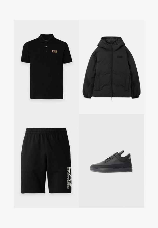 Črna podložena jakna s kapuco, zadrgo spredaj, stranskimi žepi, elastičnimi konicami rokavov in teksturiranim panelom na rokavih. Ima vtisnjen logotip.; Črne polo majice iz bombaža s klasičnim ovratnikom, ki ima tri gumbe na vratu in zlat logotip EA7 na levem prsnem delu.; EA7 Emporio Armani TRAIN VISIBILITY - Kratke hlače - black/cream; Črne usnjene superge z teksturirano površino, s sistemom vezanja, nizkim zgornjim delom in sivo gumijasto podplato, ki ima rebrast rob.