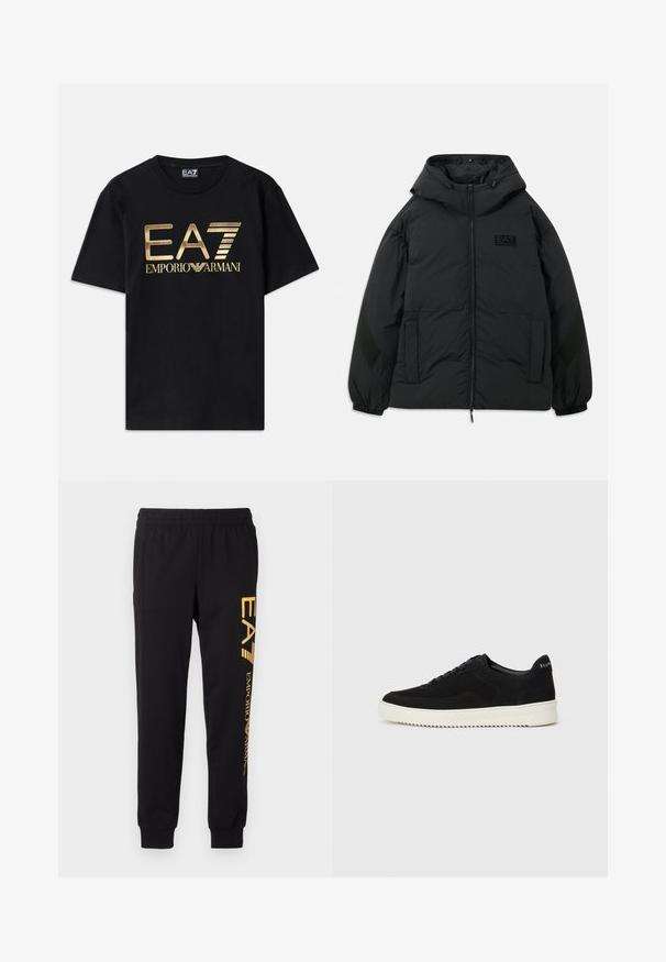 Črna podložena jakna s kapuco, zadrgo spredaj, stranskimi žepi, elastičnimi konicami rokavov in teksturiranim panelom na rokavih. Ima vtisnjen logotip.; Črna bombažna majica s kratkimi rokavi, ki ima na sprednji strani natisnjen zlat napis "EA7 EMPORIO ARMANI". Enostaven dizajn, okrogla izreza.; Črne trenirke iz mehkega materiala, z elastičnim pasom in zaprtimi gležnji. Rumena blagovna znamka, natisnjena navpično na levi nogi.; Črni semiš teniški copati z vezalkami in kontrastnim belim gumijastim podplatom. Imajo teksturirane stranske panele in subtilno oznako na peti.