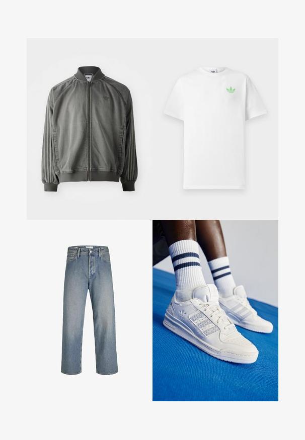 Grå sportsjakke med ribbet krave og manchetter, lynlås i fuld længde, sidelister og et lille logo på brystet. Blød tekstur.; Hvid bomulds t-shirt med korte ærmer, der har et lille grønt Adidas-logo på venstre bryst. Enkel, klassisk design med rund halsudskæring.; Lyseblå denim jeans med løs pasform, høj talje og lige ben. Har forlommer og lukning med metalknap.; Hvide læder sneakers med perforerede detaljer, tre metalliske striber og en struktureret sidepanel. Båret med hvide sokker med blå striber.