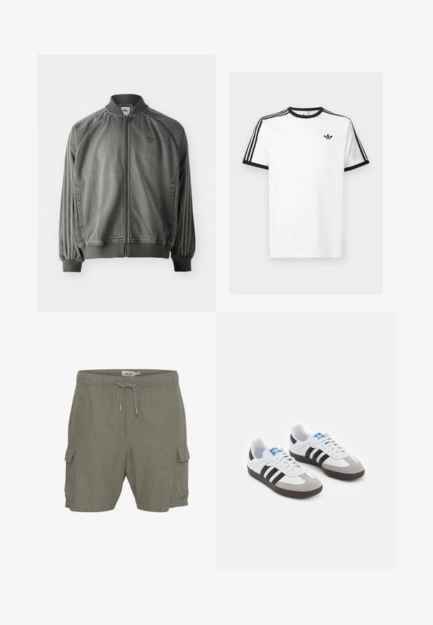 Gray sports jacket featuring ribbed collar and cuffs, full-length zipper, side stripes, and a small logo on the chest. Soft texture.; White cotton t-shirt with black ribbed neckline and sleeves, featuring three black stripes on each shoulder and a small logo on the chest.; Cargo shorts in olive green fabric, featuring a drawstring waistband, side pockets, and a lightweight, textured material.; Sport shoes with a white leather upper, gray suede toe, and three black stripes. Features a blue logo on the tongue and a textured rubber sole.